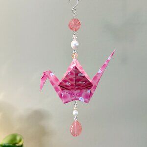 Origami Ornament #2317 - Large Crane with Rose Quartz Beads